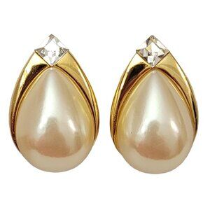Richelieu Gold Tone Faux Pearl, Clear Rhinestone Clip On Earrings, Signed